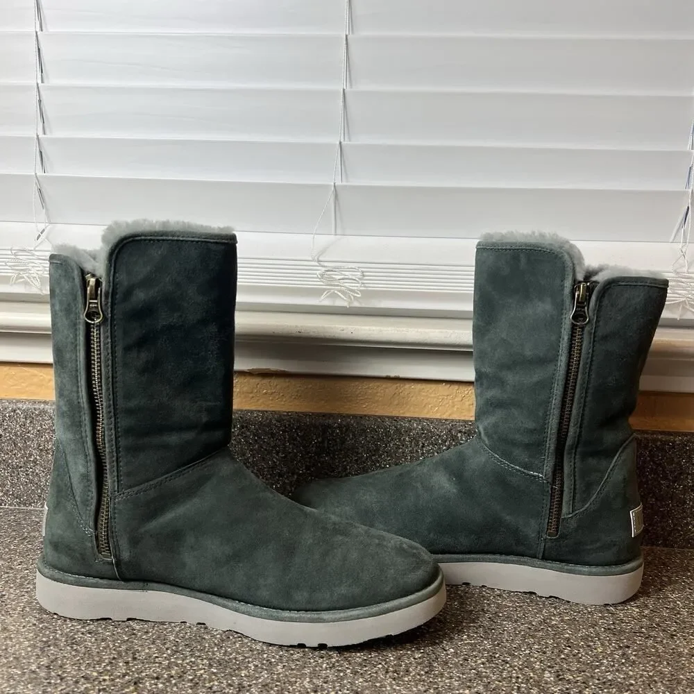 Treadlite By Ugg Gray Suede Mid Calf Boots Women's Sz 9 Sheepskin Lining Zip New